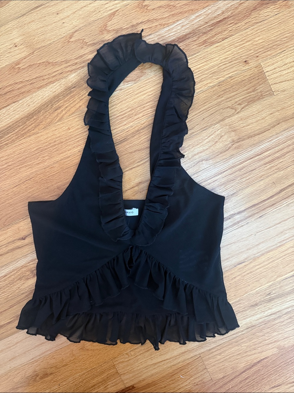 Peppermayo Black Ruffle Halter Crop Top